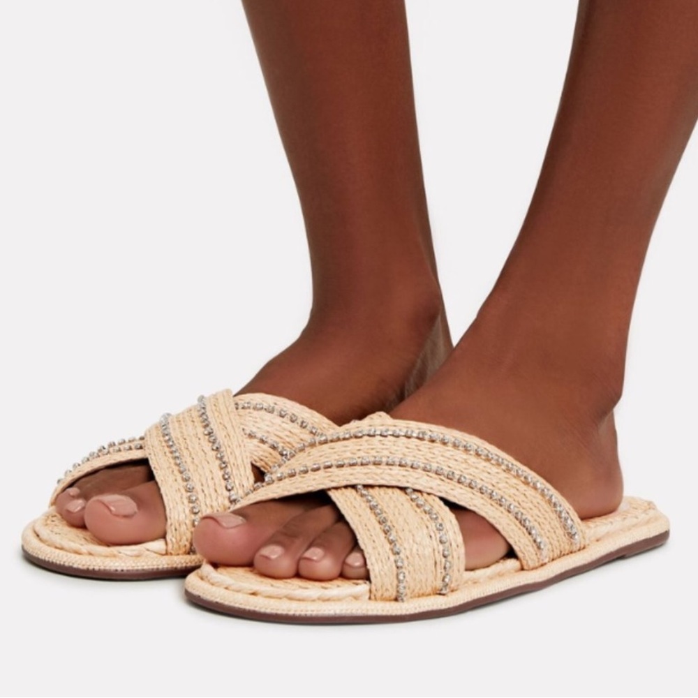 Schutz Carlotta Woven Straw Rhinestone Espadrille Slides Sandal Nude Sz 8.5 NWT
